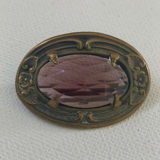Antique Victorian Brass Sash Pin Brooch Purple Amethyst Glass Stone C Catch
