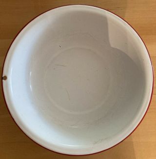 Vintage White Enamel Porcelain Wash Bowl Basin W Red Trim Metal 12” Farmhouse