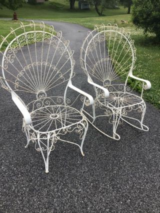 Vintage Set Of 2 Mid Century Wrought Iron Metal Peacock Chairs Rocker Pickup Pa