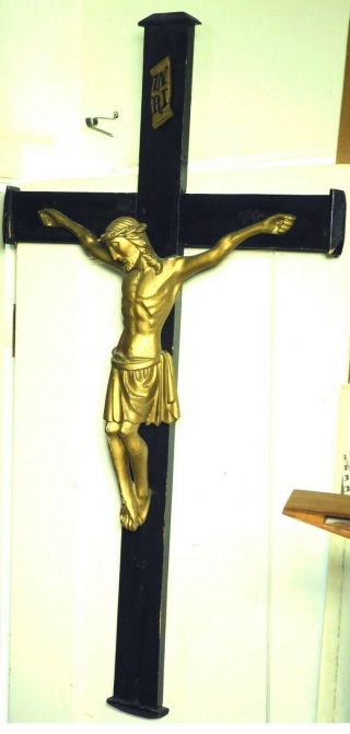 Antique Carved Wood Gold Black Forest Crucifix Germany Erzgebirge Corpus Big