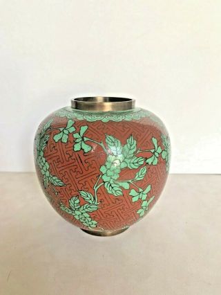 Vintage Chinese Cloisonne Enameled Bronze Melon Pot Vase Burnished Red And Green