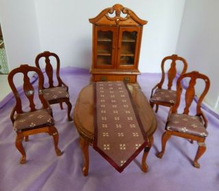 1:12 Dollhouse Miniature Dining Room Set Table,  4 Chairs,  China Cabinet,  Buffet