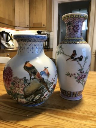2 Antique Chinese Famille Rose Porcelain Vases