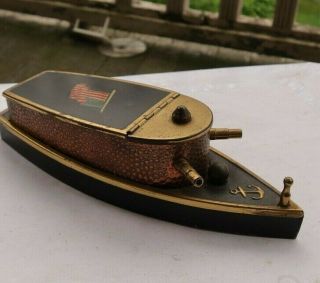 Rare Vintage 7.  5 " Boat Ship Form Cigarette Box Holder Early Wood Lined Cannons