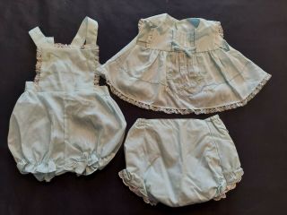 Vintage Baby Blue Dress Romper Diaper Cover Layette 0 - 3 Mos Reborn Tiny Baby