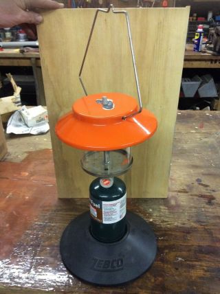 Vintage 1970’s Zebco Propane Lantern 1501 Orange Hood Glass Pyrex Glass
