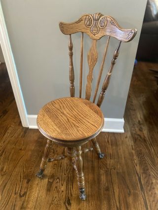 Antique Oak Glass Ball Claw Feet High Back Swivel Piano Chair