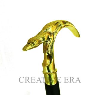 Solid Brass Aligator Head Handle Wooden Walking Stick Cane Vintage Designer