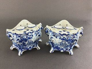 Antique Pair Dutch Delft Pottery Ceramic Faience Majolica Jardiniere Flower Pot