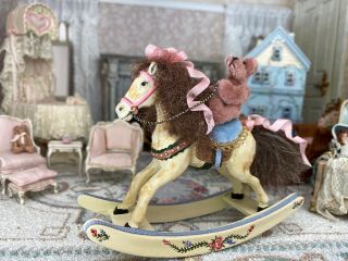 Vintage Artisan Miniature Dollhouse Rocking Horse Hand Painted Teddy Bear C1990