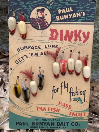 Vintage Fishing Lure Paul Bunyan Dinky Store Display 11 Flyrod Baits On Card
