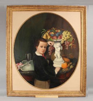 Antique Life - Sized 19thc American Folk Art Portrait Painting Of Boy & Fruit