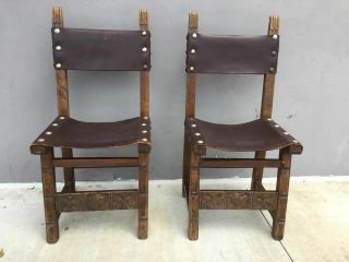 Set Of 2 Vintage Spanish Revival Colonial Leather & Carved Wood Chairs