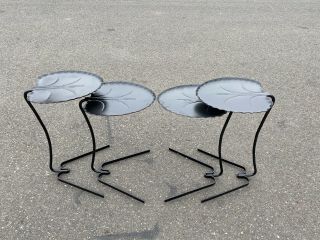 1960s Vintage Wrought Iron Salterini Patio Nesting Tables Lily Leaf 2 Pair