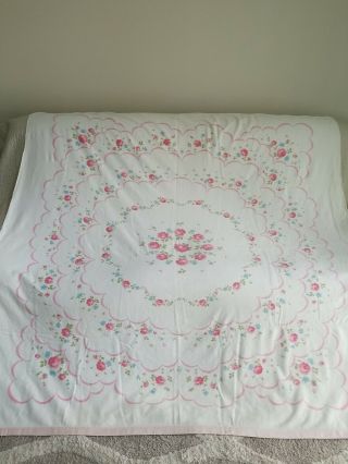 Vintage Mid Century Soft Cotton Floral Blanket Satin Trim Edging Soft Pink