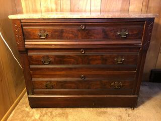 Antique Vintage Wood Victorian Eastlake Marble 3 Chest Of Drawers Commode
