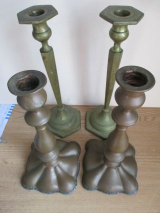 Two Pairs Antique 18th 19th Century Bronze Copper Candlesticks 27.  5 24.  5 Cm