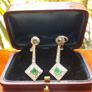 Art Deco Vintage Antique Palladium Emerald Diamond Dangle Earrings