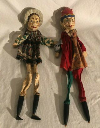 Antique Toy Punch And Judy Puppet Doll Set Wooden Heads Rar Early American