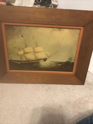 Vintage Or Antique Sailing Ship Picture,  Wood Frame
