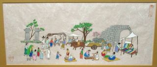 Chinese Market Scene Watercolor On Rice Paper Painting Signed
