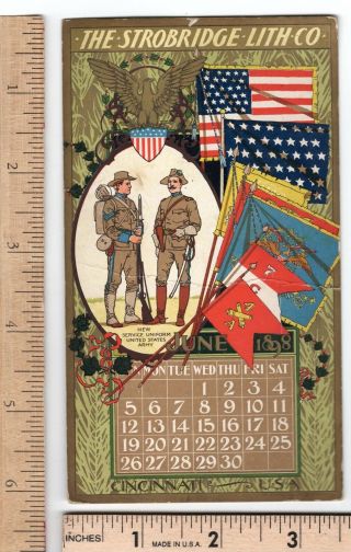 Strobridge Lith June 1898 Calendar Trade Card U.  S.  Army Uniform Battle Flags