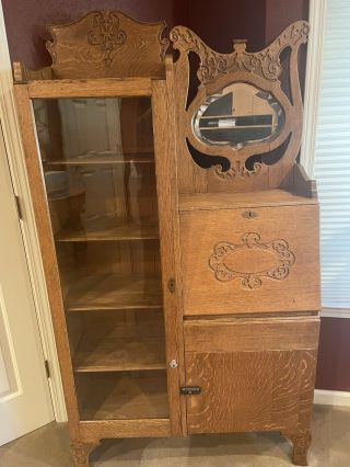Antique Solid Oak Wood Secretary Desk Bookcase,  Mirror - Drop Front