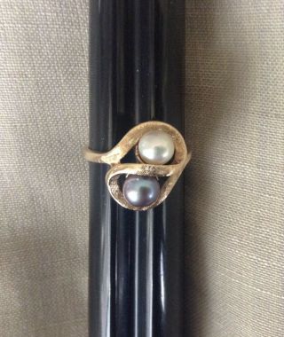 Vintage 14k Florentine Yellow Gold Black,  White Yin,  Yang 6mm Pearl Ring Sz 8