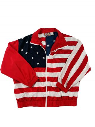 Vtg 90s Womens Medium American Flag Print Full Zip Windbreaker Jacket Streetwear