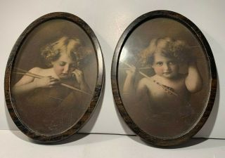 Antique Vintage Cherub Pictures In Metal Tin Oval Frame