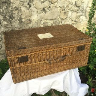 Antique French Wicker Trunk Basket Steamer Travel Large Lidded 1800s Suitcase