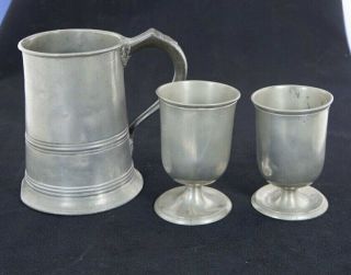 Antique Victorian Pewter Quart Tankard Leith 78,  Also Two 1/2 Pint Goblets