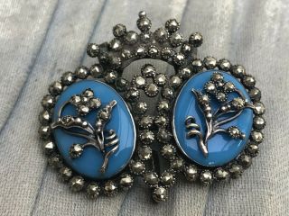 Georgian Cut Steel Brooch Blue Glass Silver Sensational Antique French Jewellery