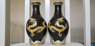 Antique Bronze Chinese China Cloisonne Black Dragon Vase 12 " Inches Tall Vtg