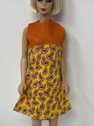 Vintage Barbie Clone Doll Clothes Outfit Orange Yellow Paisley Mini Dress