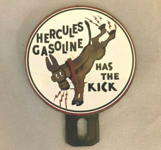 Vntg Hercules Gasoline Porcelain License Plate Topper Rare Old Advertising Sign