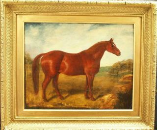 Fine 19th Century Chestnut Bay Horse In Landscape Antique Oil Painting
