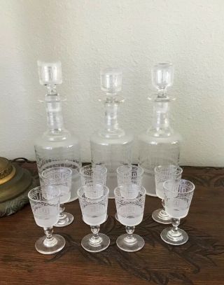 Antique Set Of 3 Regency Crystal Pint Decanters & 8 Glasses.  Greek Key Design.
