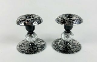 Pair Antique Pairpoint Art Glass Controlled Bubble Sterling Overlay Candlesticks