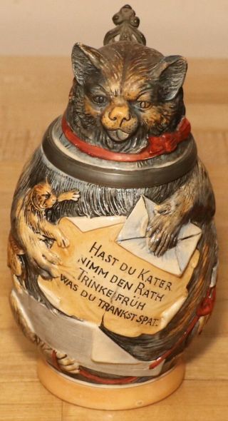 Cat Holding Kitten By J.  W.  Remy 1/2 L German Beer Stein Antique 767 Character
