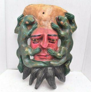 Mexican Guerrero Folk Art Antique Bearded Lizard Carved Large Wood Dance Mask