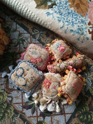 Antique French Needlework Plush Work Tapestry Pin Cushions For 1