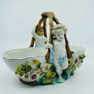 Antique Porcelain Cherub Basket Bowl Marked Depose Applied Flowers Handpainted