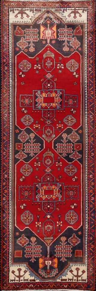 Vintage Tribal Geometric Hamedan Hand - Knotted Runner Rug Oriental Carpet 4x10 Ft