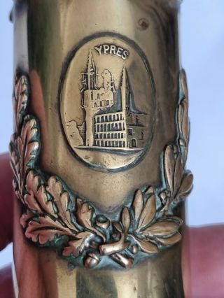 Antique Wwi Trench Art Brass Royal Engineers Shell Case Vase Marked " Ypres "