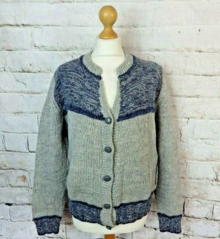 Vintage Blue Grey Wool Hand Knit Cardigan Pockets Rustic Retro Blogger M 12
