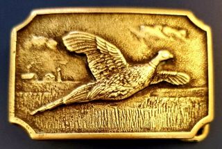 Vintage 1970 " S Bts Solid Brass Belt Buckle With Flying Pheasant