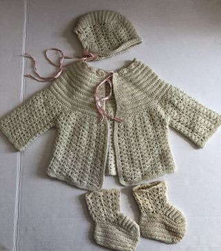 Vtg 1950s Handmade Crochet Baby Infant Sweater Set Hat Booties Beige Pink Ribb