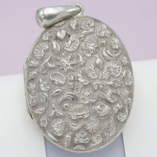 Antique Victorian Sterling Silver Repousse Shell Sea Life Large Locket Pendant