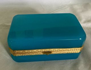 Lovely Antique Blue Opaline Glass Metal Mount Jewelry Casket Dresser Jar 5 1/8 "